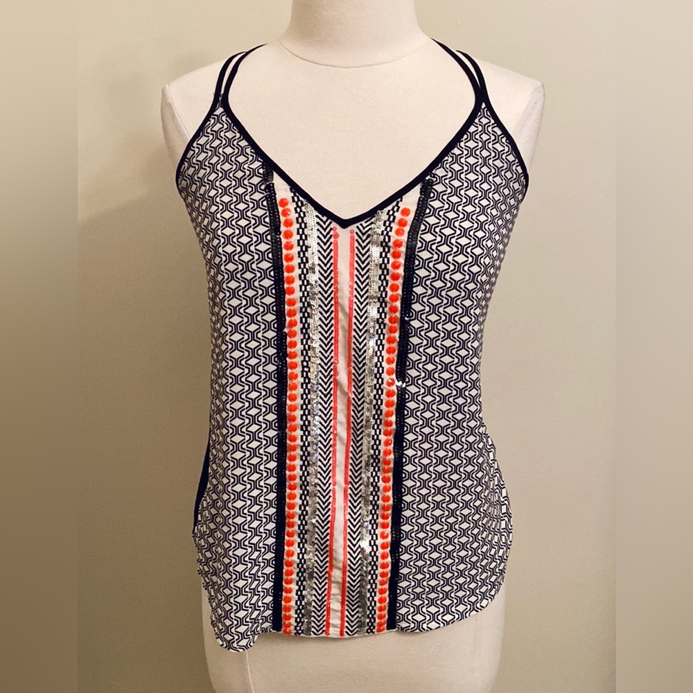 Express Black Neon Orange Geometric Aztec Y2K Sequin Beaded Racerback Tank Top M
